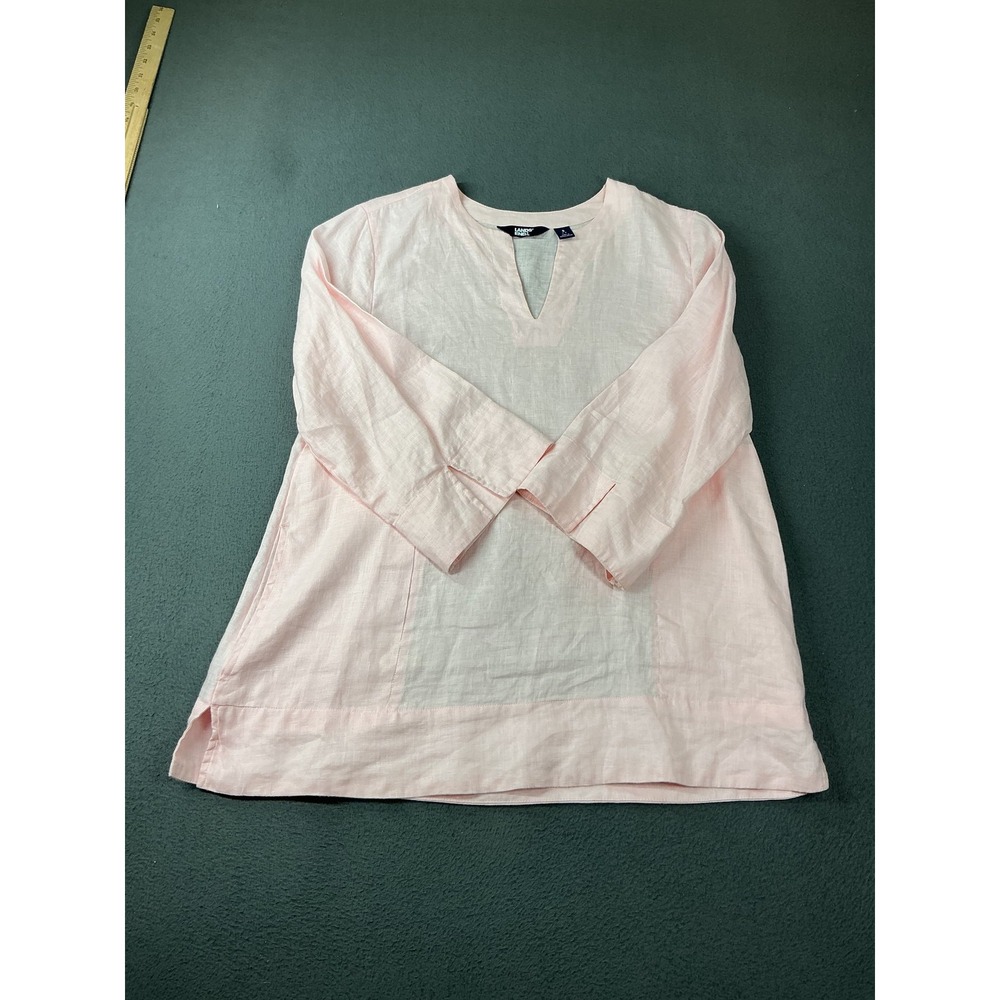 Lands' End Blouse Womens S Pink Linen Tunic V-Neck 3/4 Sleeve Pockets Casual